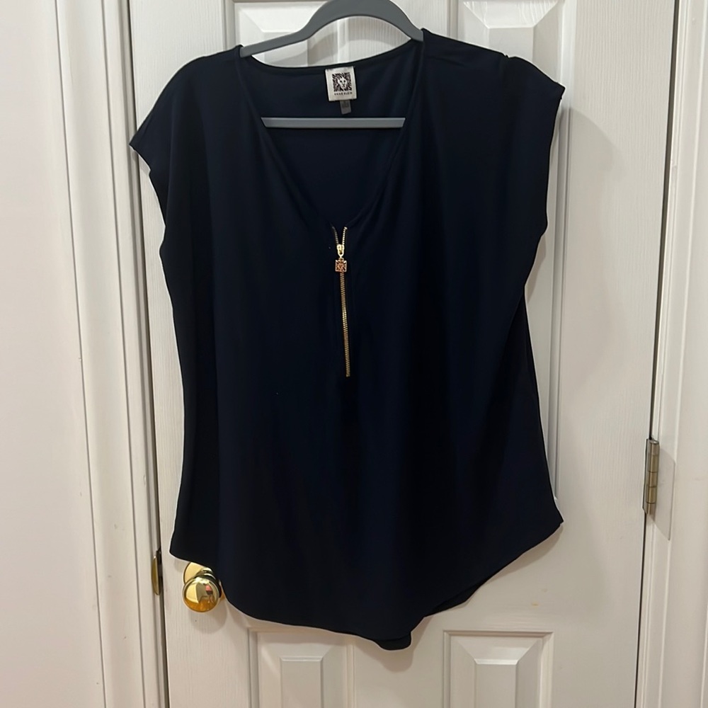 Anne Klein Navy Blue Blouse Gold Zipper